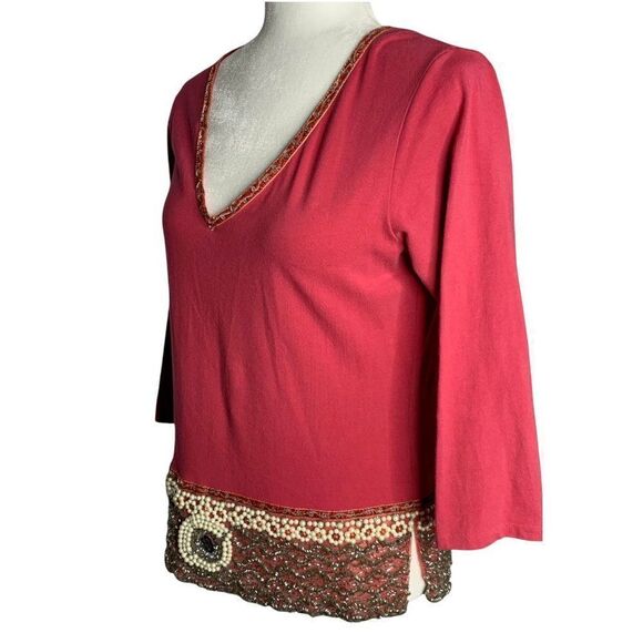 Moda International Beaded Knit Top M Pink 3/4 Sleeve V Neck Stretch Velvet Trim - Picture 4 of 7